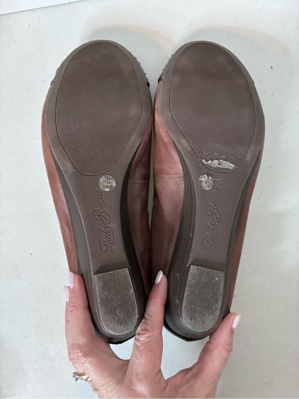 Lucky Brand Brown Leather Studded Cap Toe Ballet Flats Women’s Slip On Shoes - Picture 6 of 7